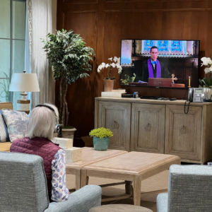 Sue faithfully tuned into the church’s live broadcasts every Sunday at her retirement home in Montecito, CA. 