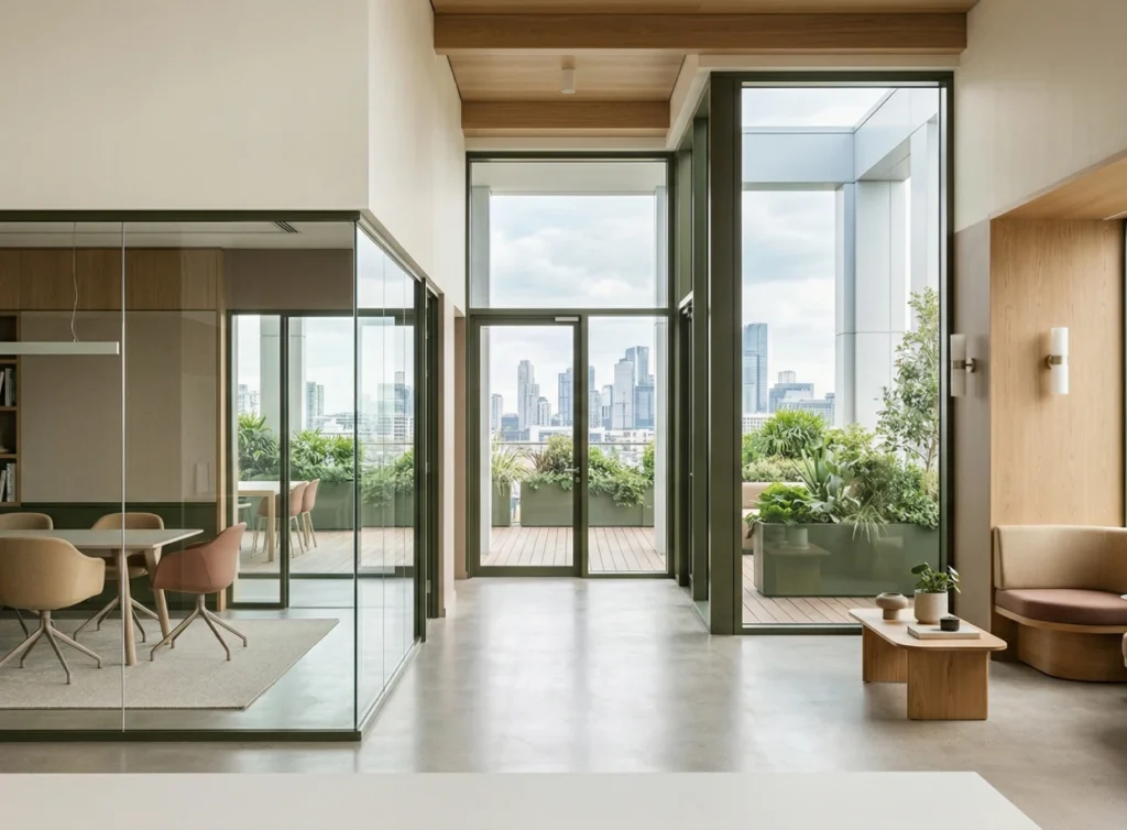 Modern office interior featuring large windows, greenery, and a stylish meeting area, highlighting a welcoming atmosphere.