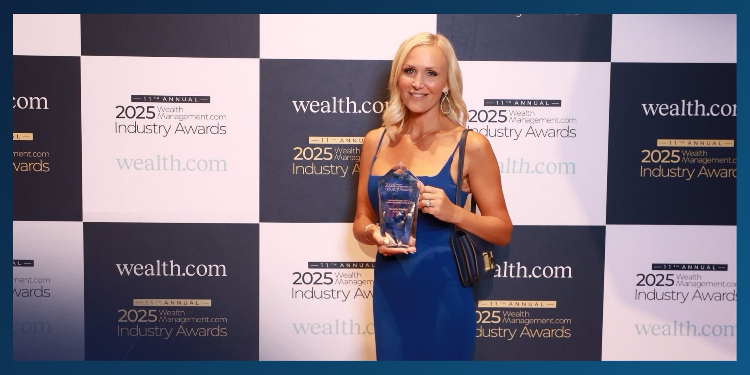 Michelle Winkles holds her trophy for CMO of the Year at the Wealthies awards on September 4, 2025.
