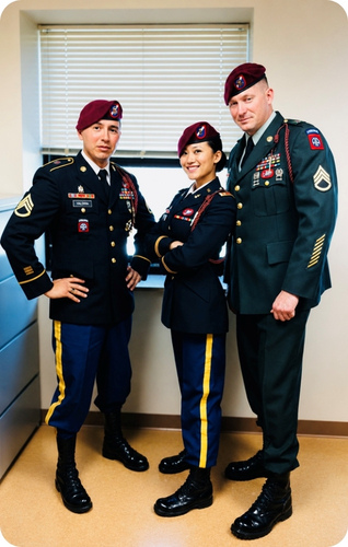 Three military personnel in uniform pose confidently, showcasing their ranks and achievements in a professional setting.
