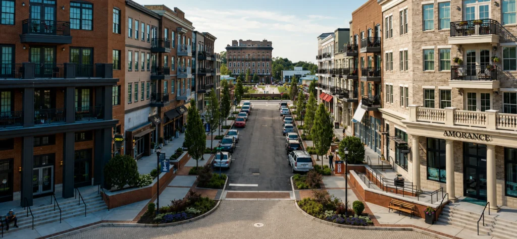 Charming streetscape in Alpharetta featuring modern buildings, greenery, and a welcoming atmosphere for residents and visitors.