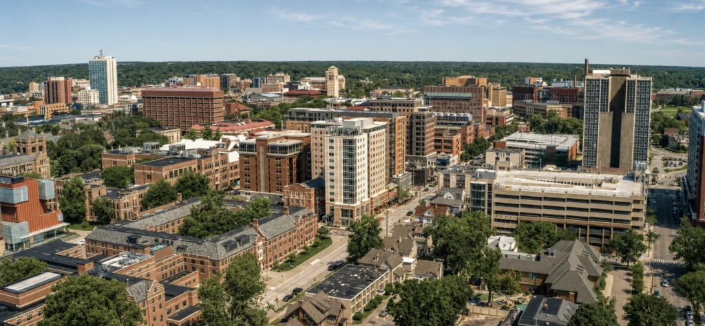 Aerial view of Ann Arbor showcasing its urban landscape, including buildings, greenery, and city skyline.