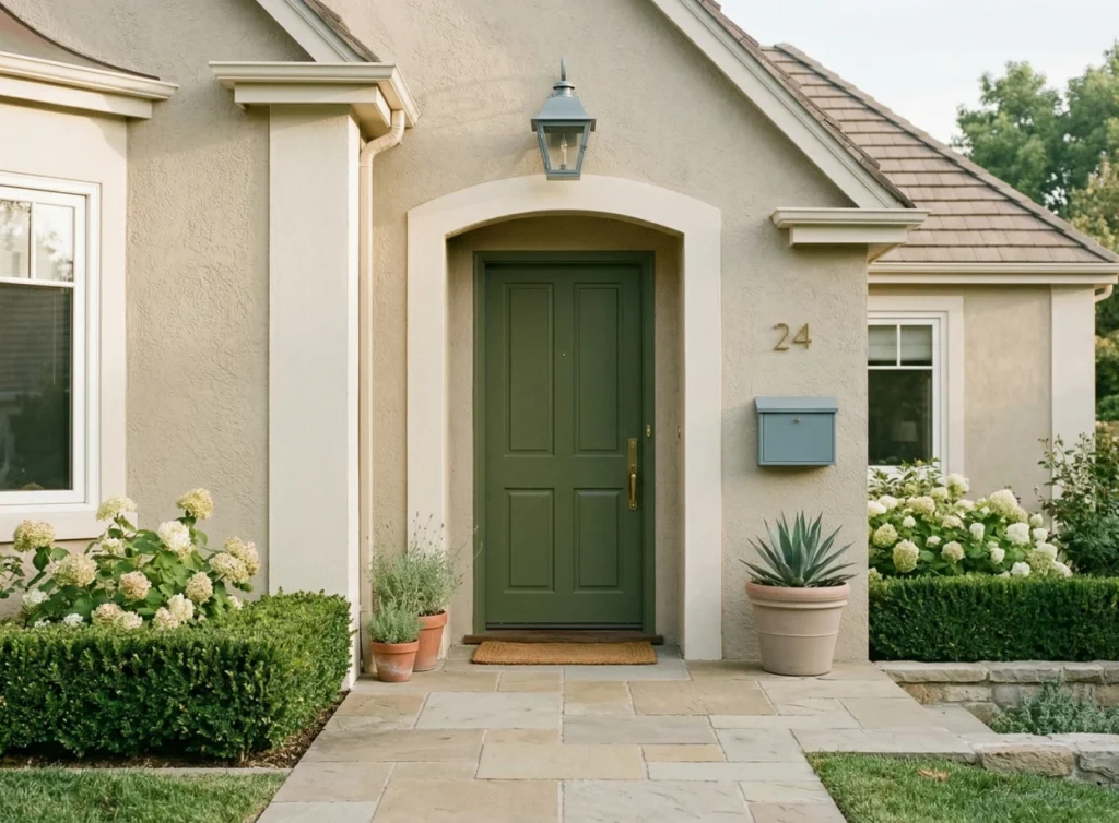 Welcoming home entrance with a green door, potted plants, and well-kept landscaping, emphasizing a sense of security.