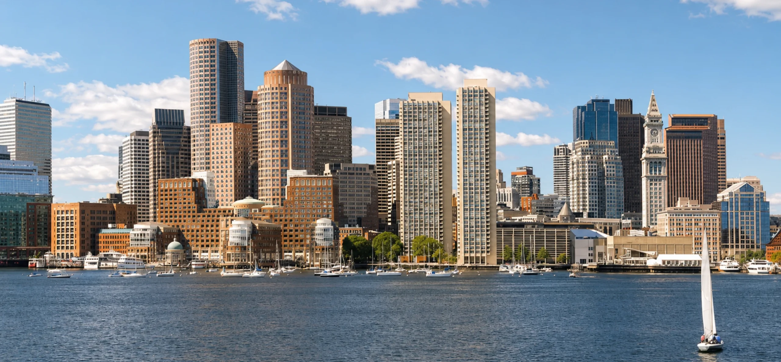Boston skyline featuring modern skyscrapers, historic buildings, and sailboats on the Charles River under a blue sky.