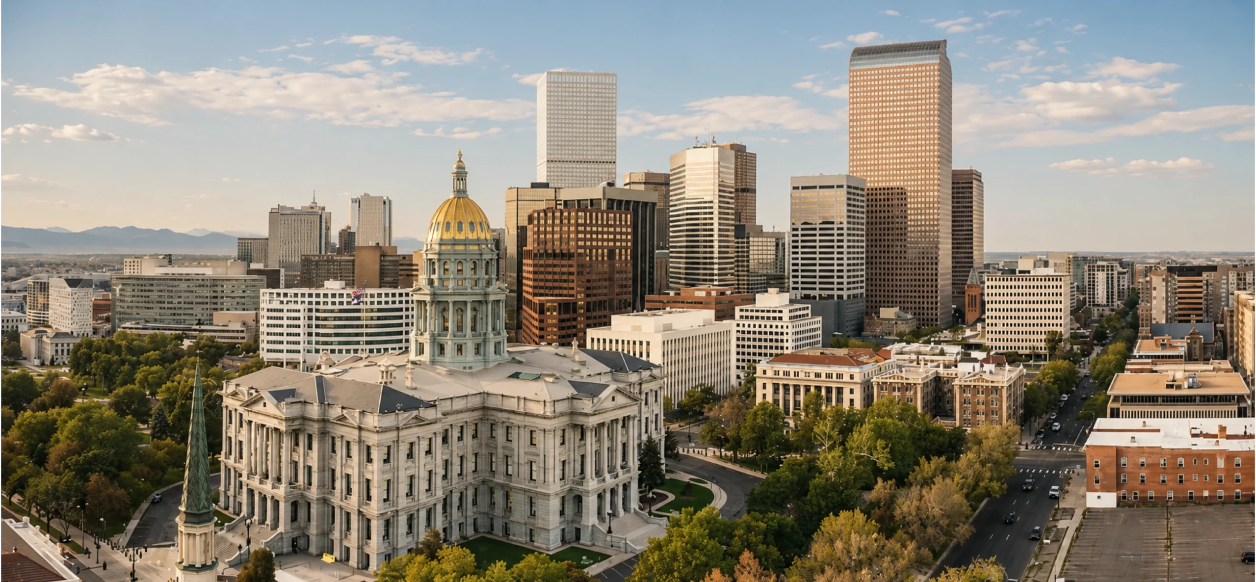 Panoramic view of Denver's skyline featuring the historic state capitol and modern buildings, highlighting denver area financial advisors.