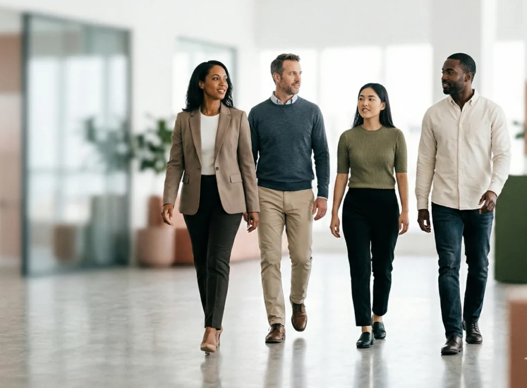 Four professionals walking together in a modern office space, representing teamwork and growth at Mission Wealth.