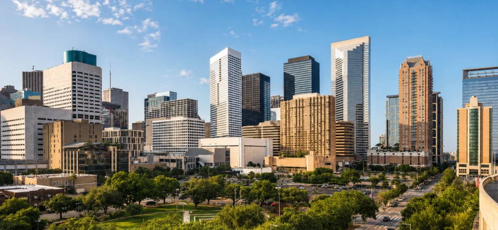 Skyline of Houston featuring modern skyscrapers and green spaces under a clear blue sky.