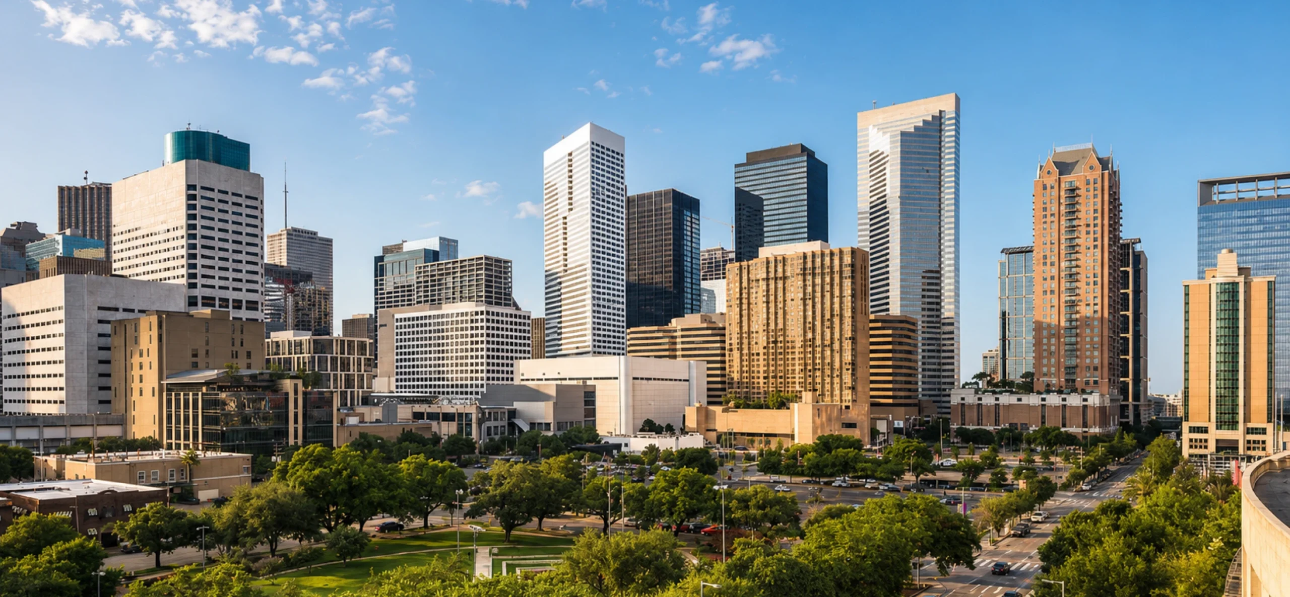 Skyline of Houston featuring modern skyscrapers and green spaces under a clear blue sky.