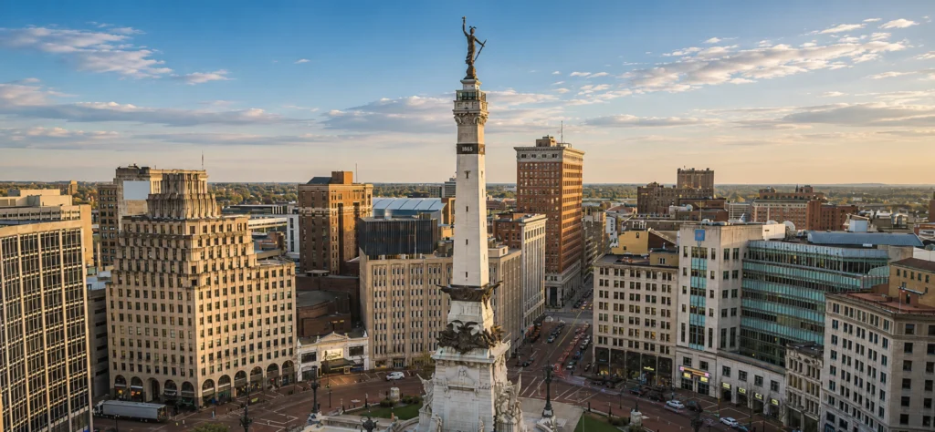 Downtown Indianapolis skyline featuring the Soldiers and Sailors Monument, a landmark for local financial advisors.
