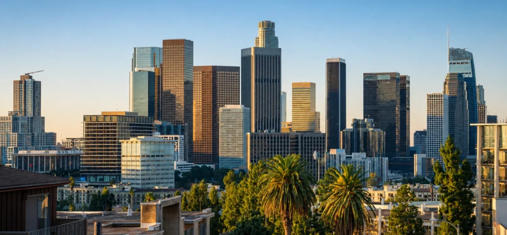 Skyline of Los Angeles showcasing modern skyscrapers and palm trees, symbolizing the city's financial landscape and advisors.