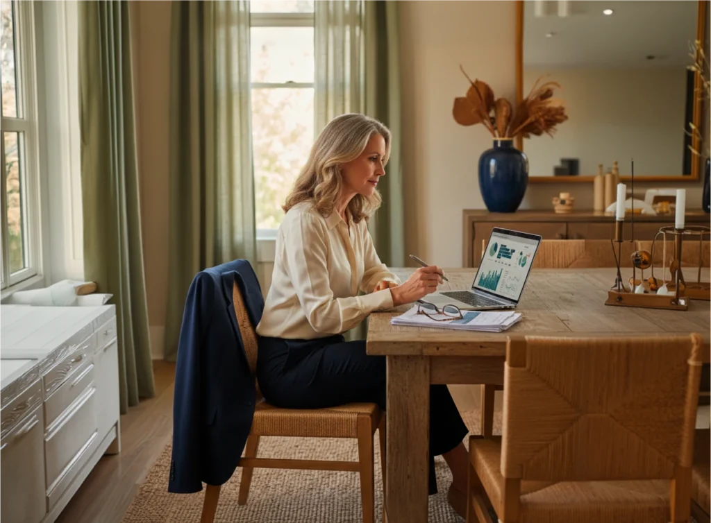Woman reviewing financial data on a laptop at a wooden table in a well-lit, stylish home office setting.