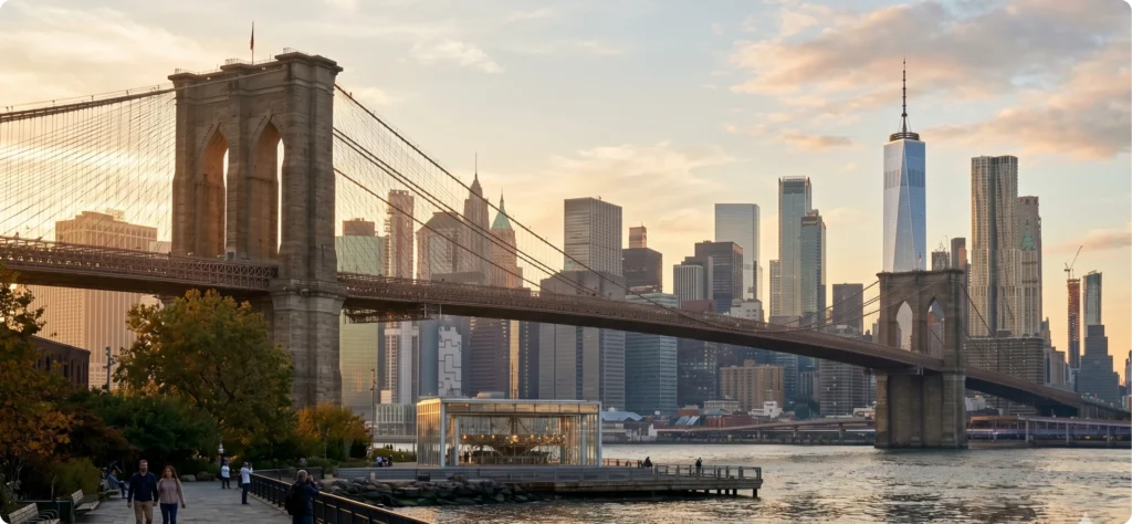 Brooklyn Bridge spans the East River with Manhattan's skyline and sunset in the background, showcasing urban beauty.