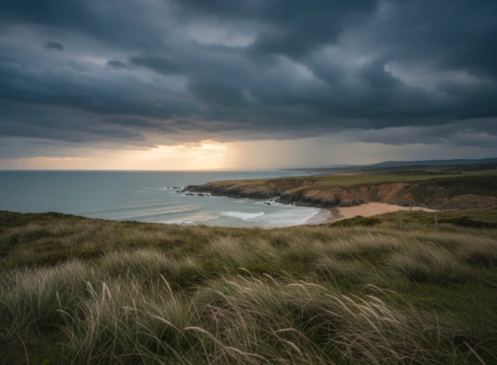 Dramatic coastal landscape under dark clouds, highlighting the sea, cliffs, and grassy dunes during an impending storm.