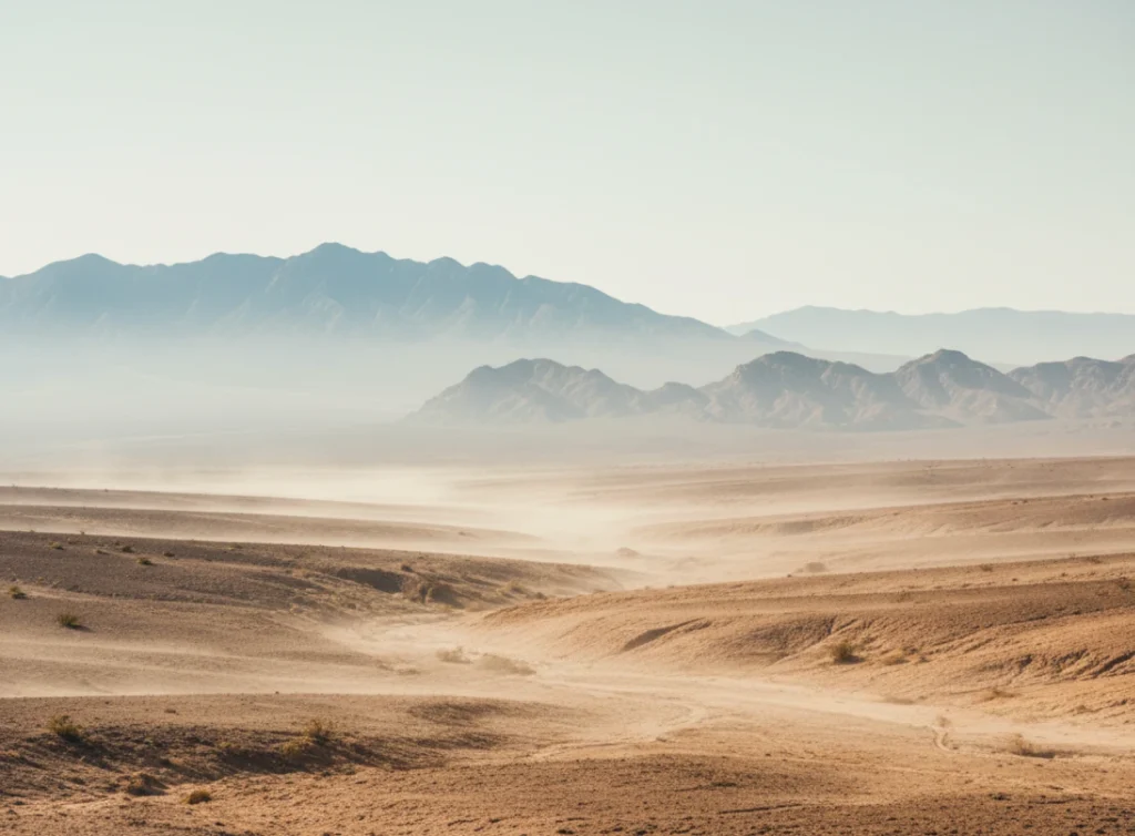 Dusty desert landscape with distant mountains, reflecting a dry and arid environment in the market update context.