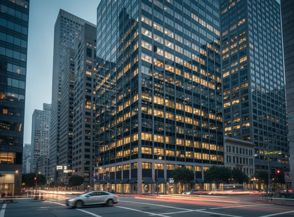 Urban skyline featuring modern glass buildings and a busy street, symbolizing Mission Wealth's growth through merger.