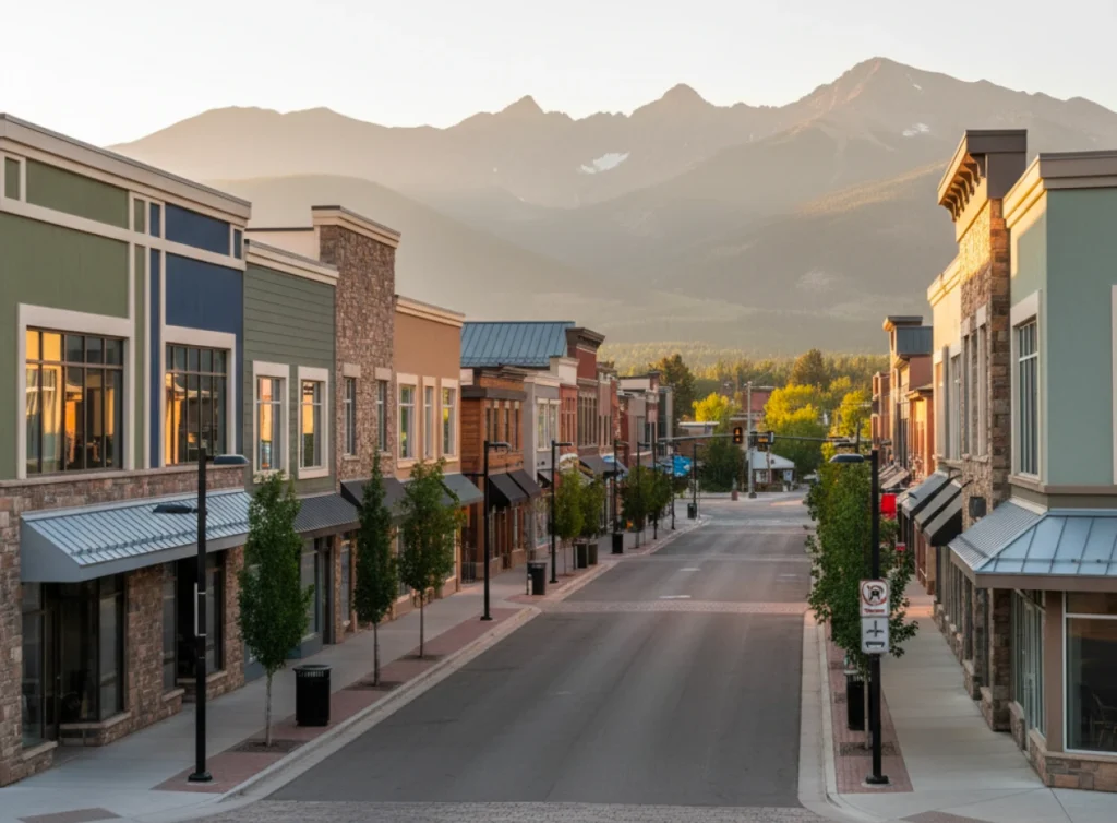 Scenic view of a quiet street lined with shops, framed by mountains and trees, symbolizing community growth and investment.