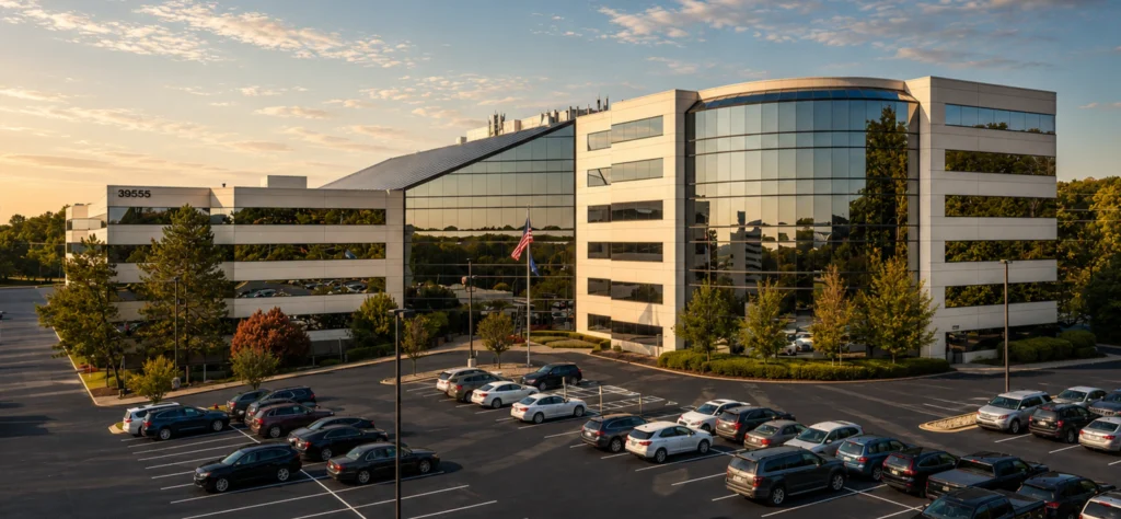 Modern office building in Novi with large windows and a parking lot filled with vehicles, set against a sunset backdrop.
