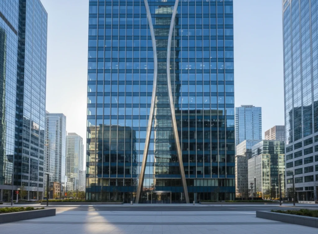 Modern glass skyscrapers in a business district, symbolizing economic growth and opportunities for business owners.
