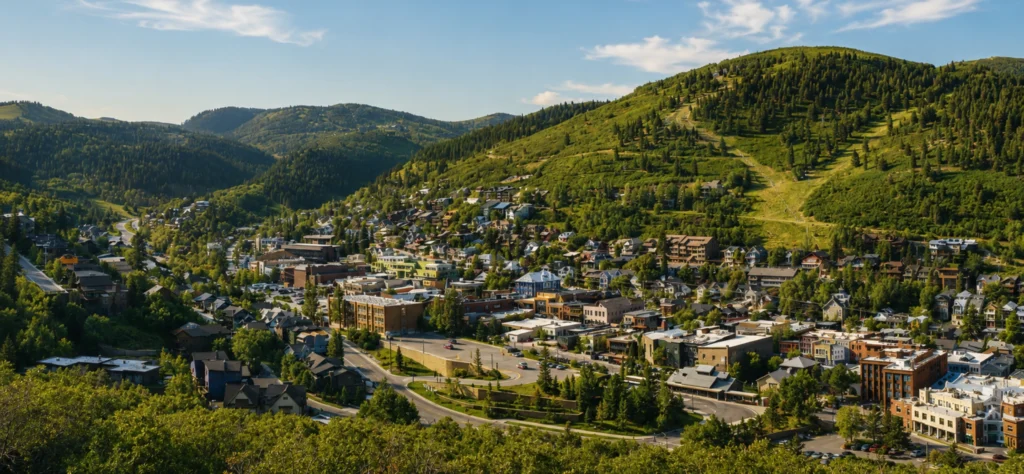 Scenic view of Park City showcasing its charming buildings and surrounding lush mountains.