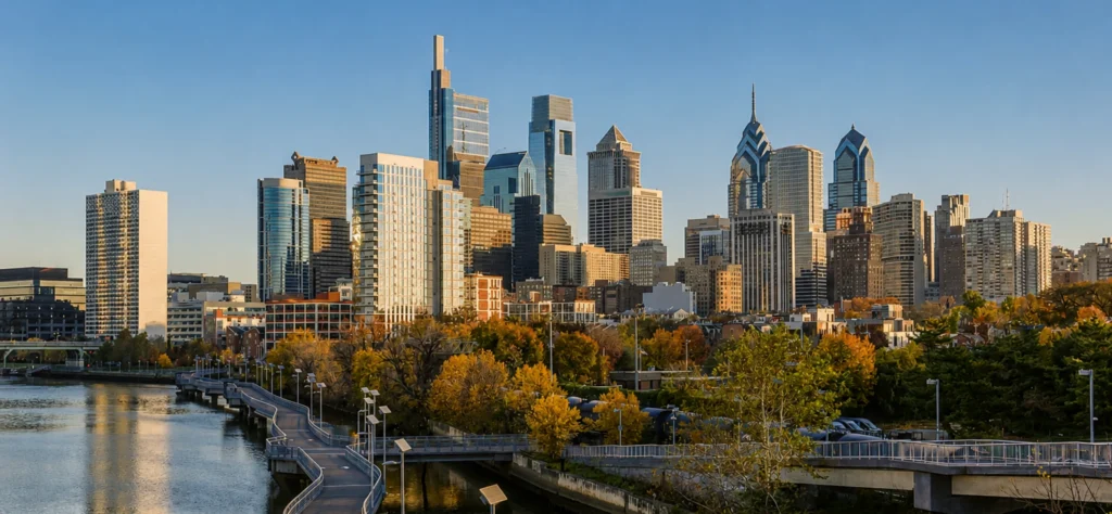Philadelphia skyline with modern skyscrapers and autumn foliage along the river, showcasing the city's vibrant landscape.