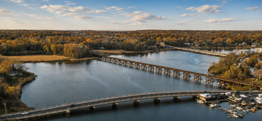 Aerial view of Red Bank showcasing the river, bridges, and autumn foliage along the shoreline.