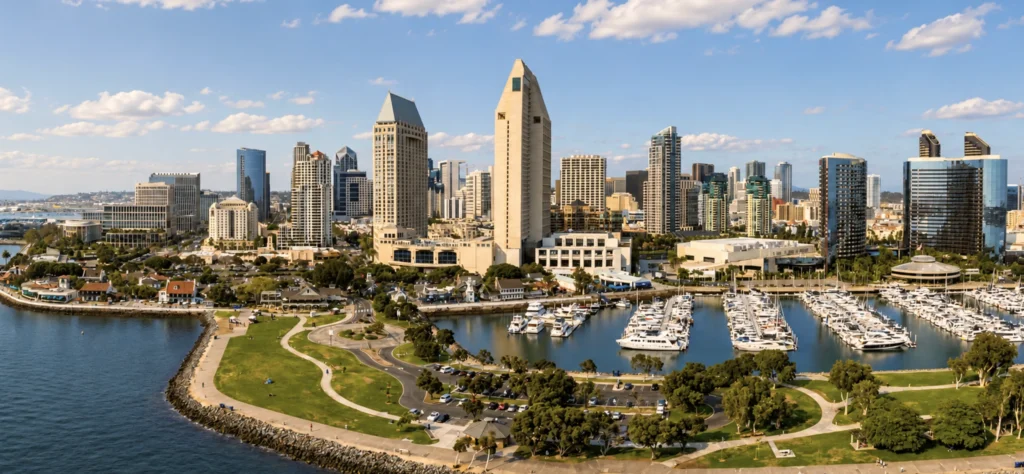 Panoramic view of San Diego's skyline, waterfront, and marina, showcasing its vibrant urban landscape and scenic beauty.