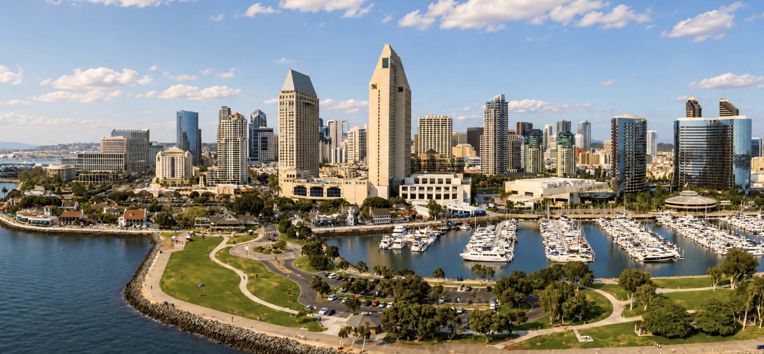 Panoramic view of San Diego's skyline, waterfront, and marina, showcasing its vibrant urban landscape and scenic beauty.