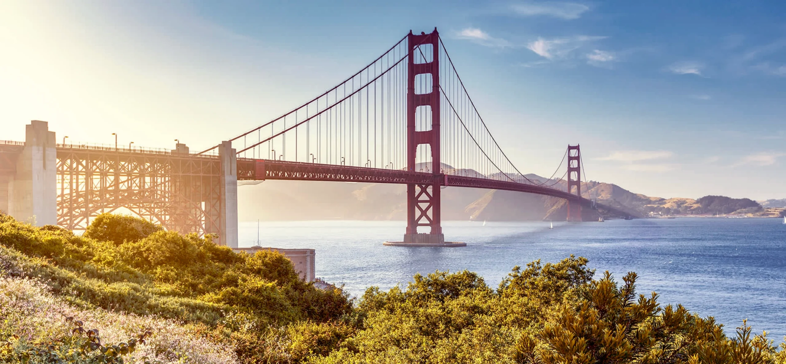 Golden Gate Bridge spans a bay, framed by lush greenery and mountains under a clear sky, symbolizing San Francisco.