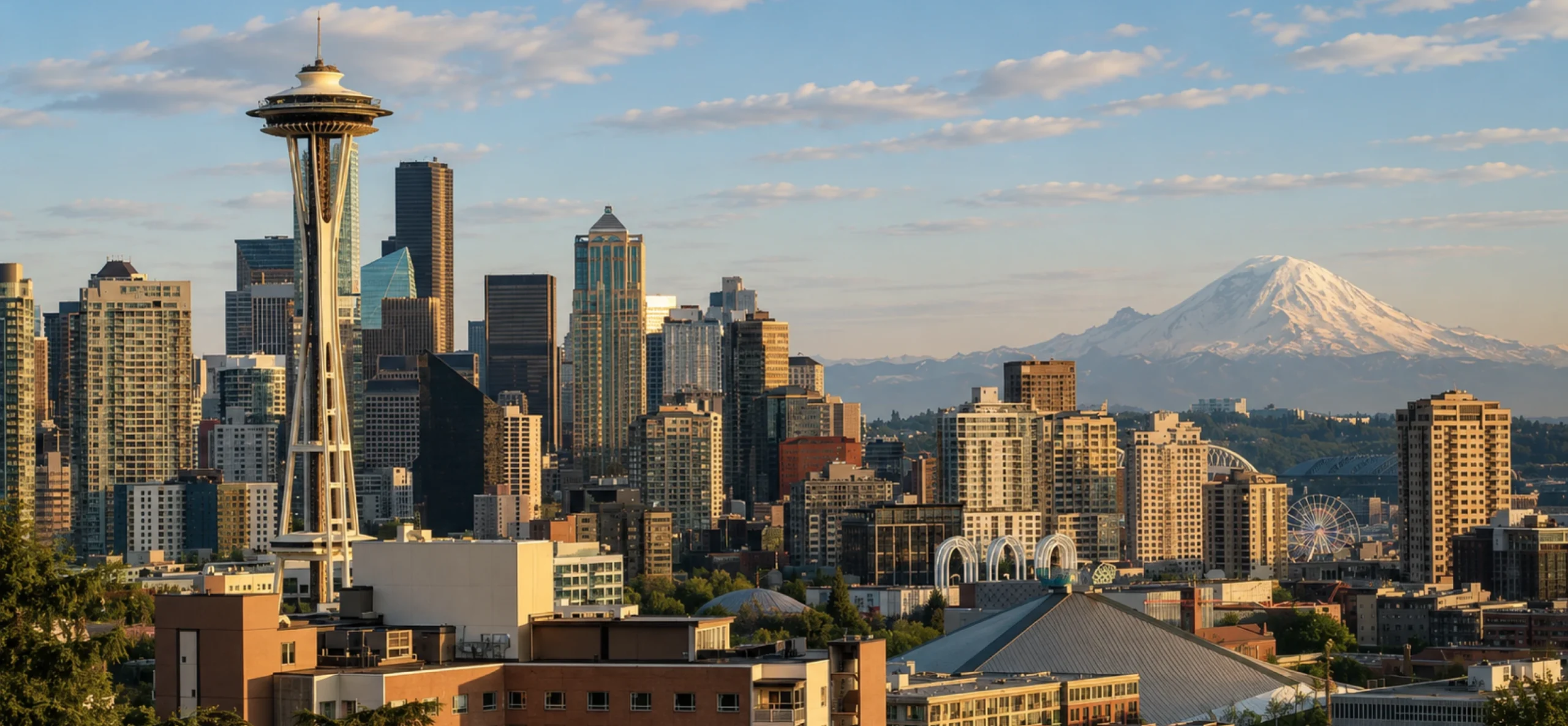 Seattle's skyline features the Space Needle with Mount Rainier in the background under a clear blue sky.