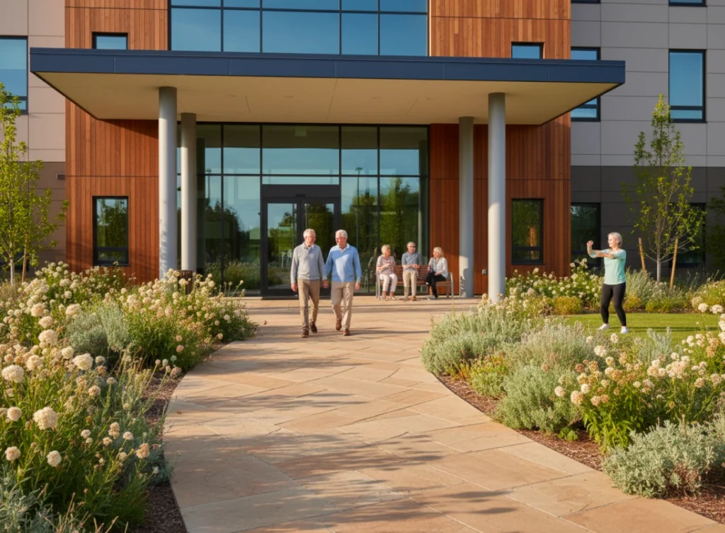 Seniors enjoy outdoor activities in a vibrant retirement community, highlighting social engagement and healthy living.