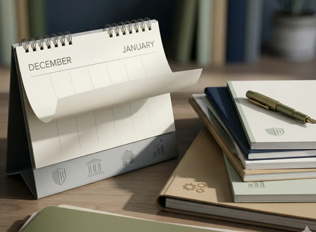 A desk calendar displaying December and January, surrounded by notebooks and a pen, symbolizing tax planning and updates.