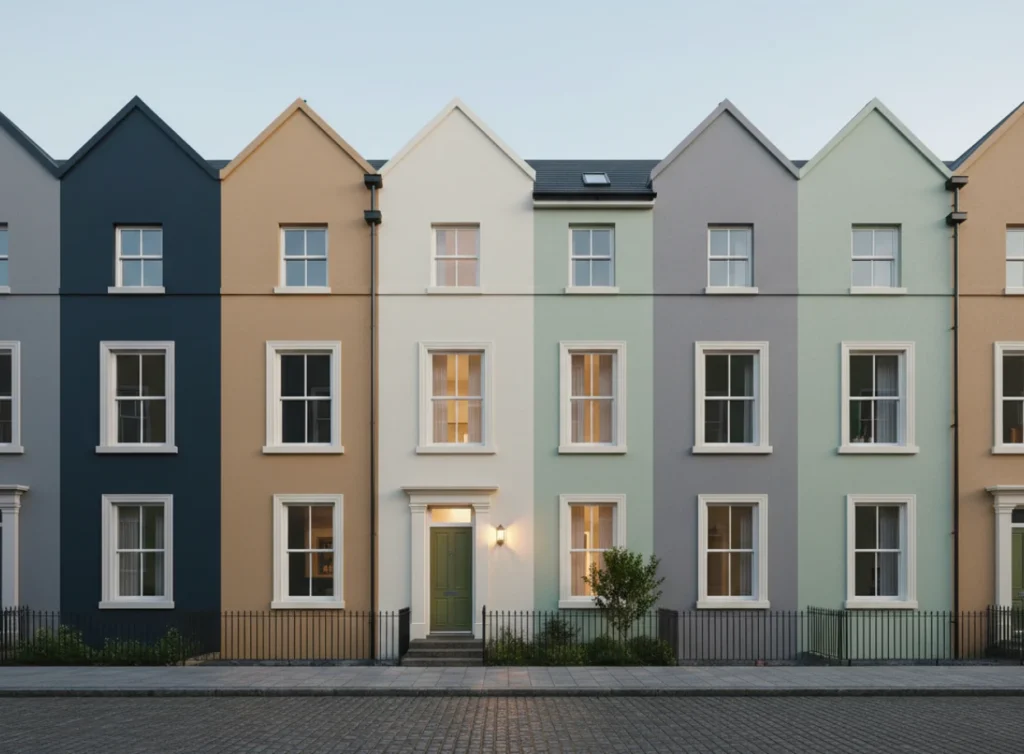 Colorful row houses showcase different styles, illustrating key aspects of buying a home in urban settings.