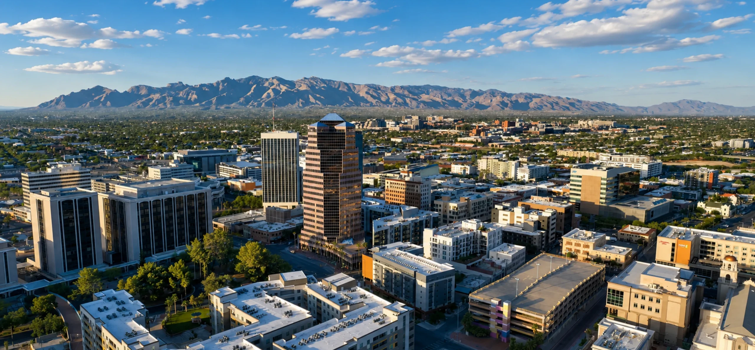 Aerial view of Tucson showcasing urban buildings with mountains in the background under a blue sky with scattered clouds.