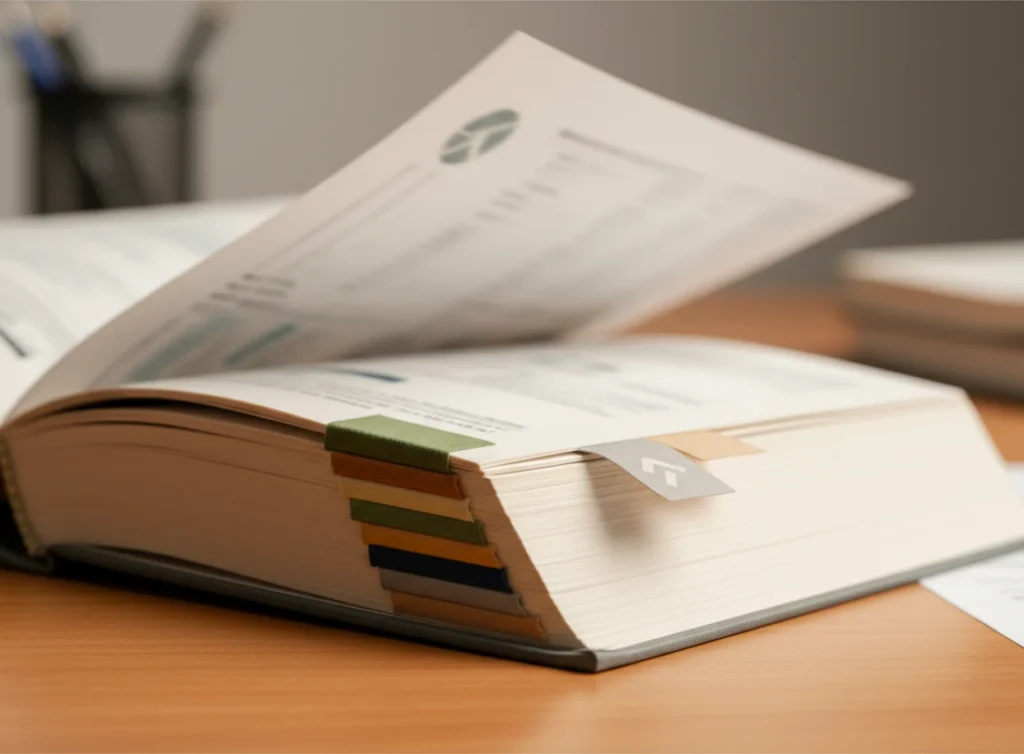 A thick book with tabbed pages sits on a desk, symbolizing key tax law changes in the One Big Beautiful Bill Act.