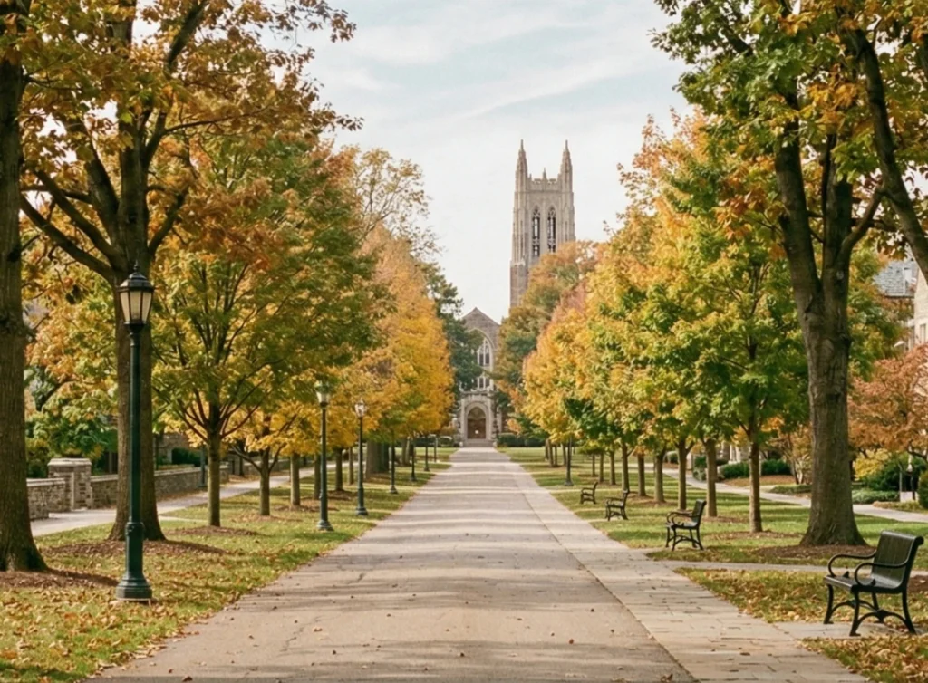 Tree-lined college campus with a stone bell tower in autumn