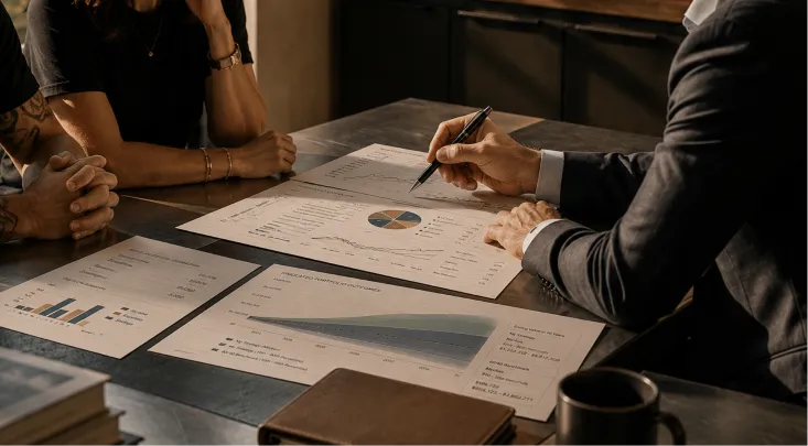 Financial advisor reviewing investment reports with clients