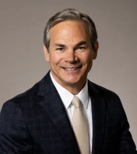 Professional portrait of Timothy Brown, smiling, wearing a dark blazer and light tie against a neutral background.