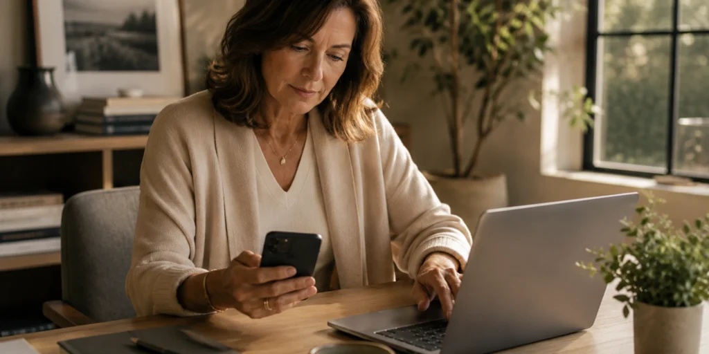 A woman checks her smartphone while working on a laptop, emphasizing the importance of cybersecurity in daily tasks.