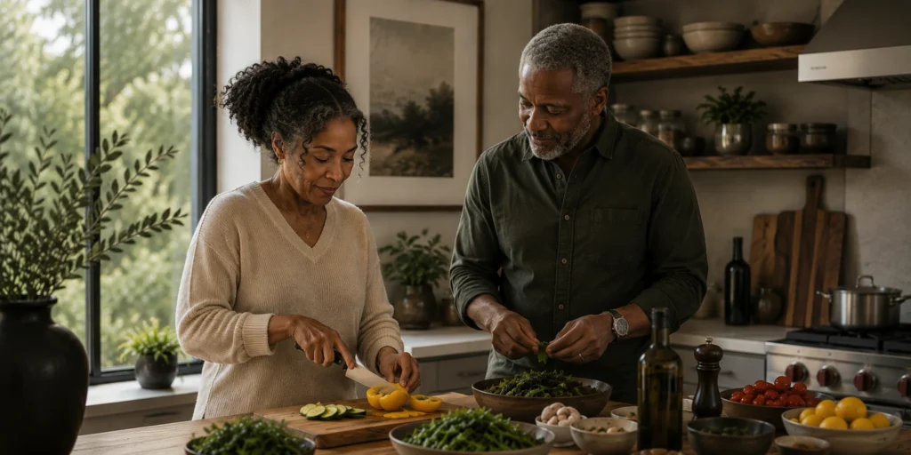 Couple preparing healthy meals together in a modern kitchen, emphasizing nutrition and lifestyle choices before retirement.