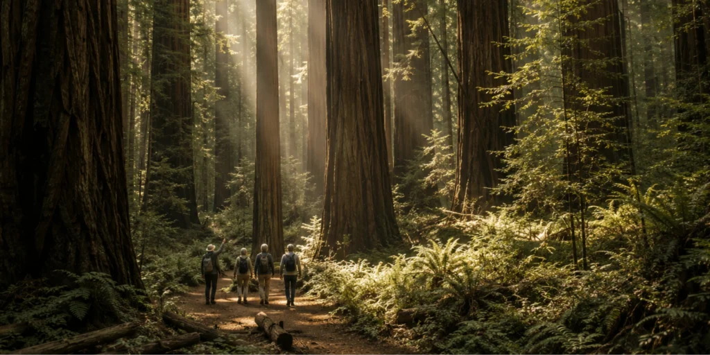 A group of hikers strolls through a sunlit redwood forest, symbolizing the journey to a well-designed financial life.