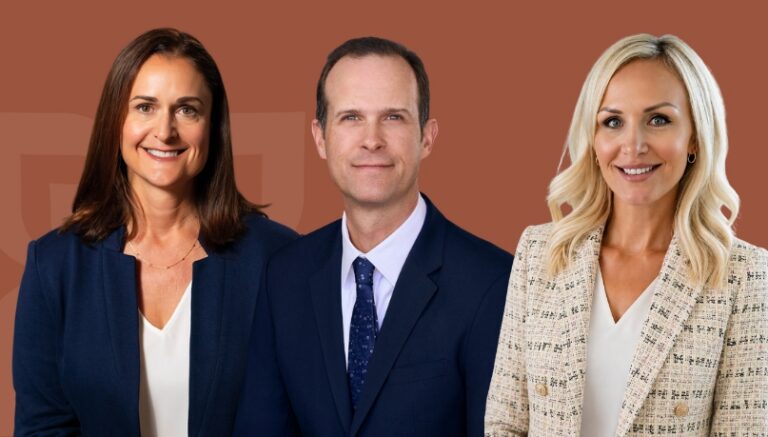 Three professional team members of Mission Wealth pose against a warm background, representing the firm's next chapter.