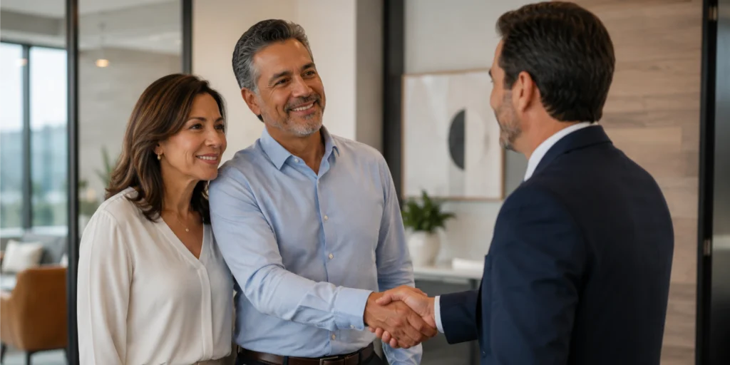 A couple smiles while shaking hands with a financial advisor in a modern office, emphasizing partnership in financial planning.