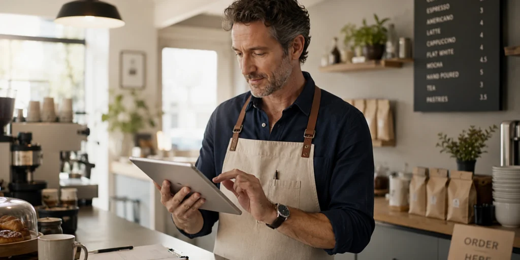 A business owner in an apron uses a tablet to manage operations in a cozy coffee shop setting.