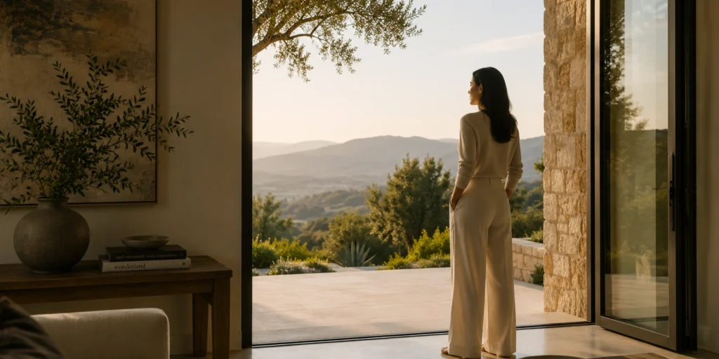 A woman stands in a doorway, gazing at a serene landscape, symbolizing reflection and empowerment in estate planning.