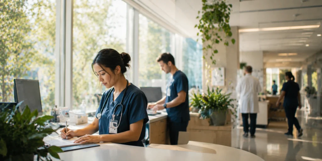Healthcare professionals work diligently in a bright, modern facility, showcasing dedication and teamwork in patient care.