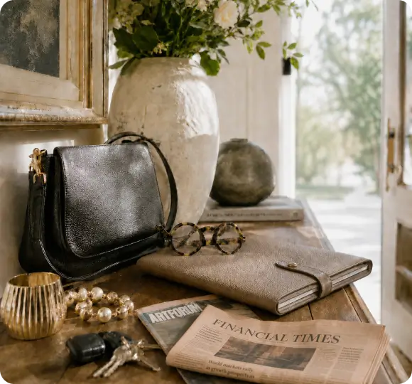 A tableside vignette in an elegant home with a purse, a portfolio, and newspaper