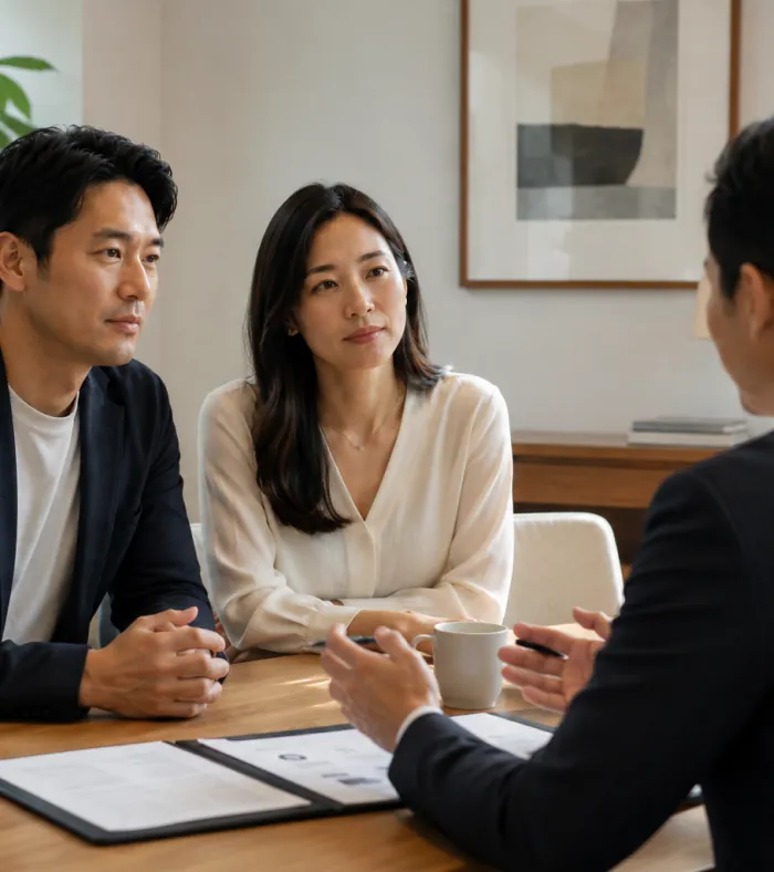A client meets with her advisor at a wooden table in a chic modern office