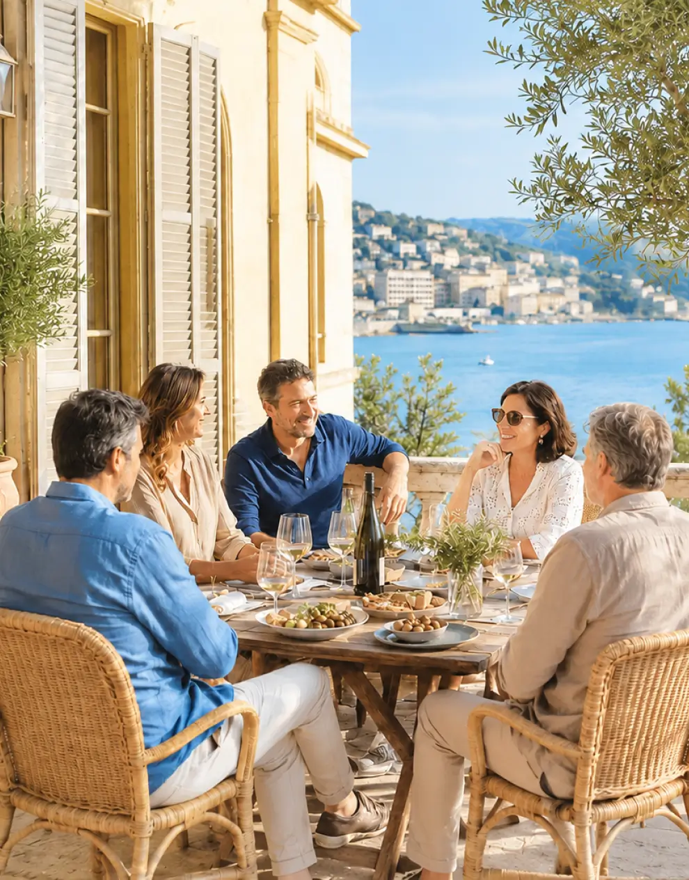 A family enjoys a meal on a patio
