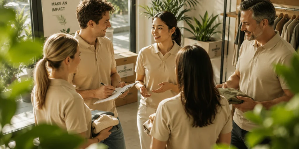 Volunteers discuss charitable initiatives while organizing donations in a bright, plant-filled space.