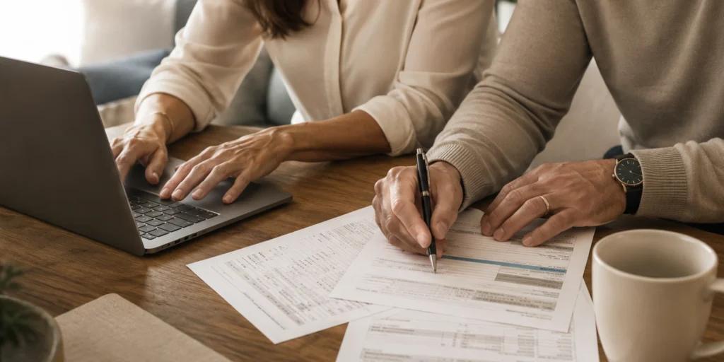 Two people collaborating on tax documents at a table, with a laptop and coffee cup nearby, emphasizing tax preparation.